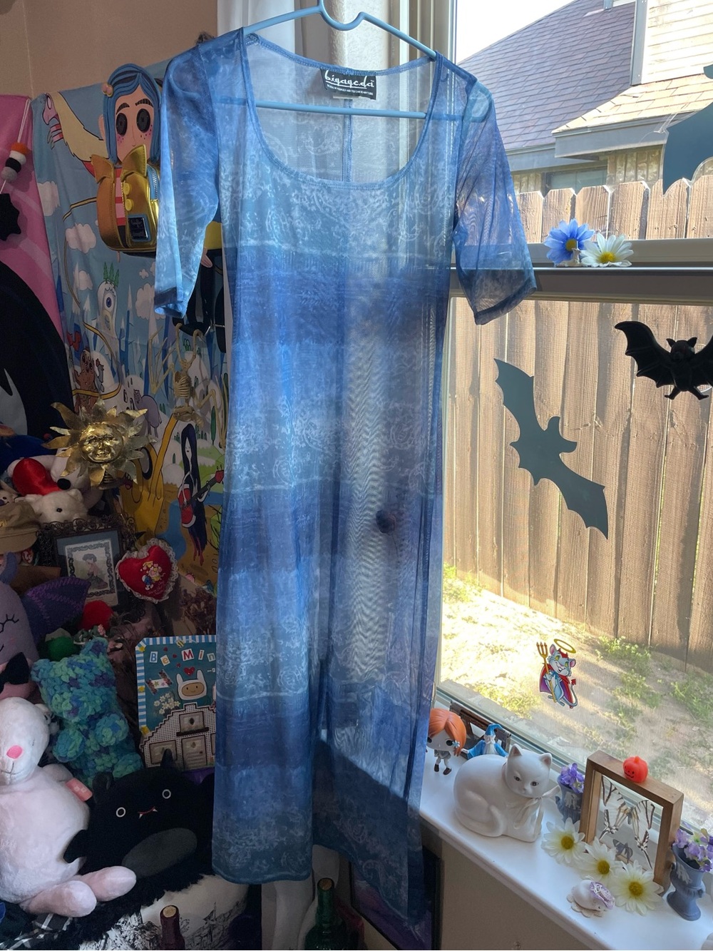 Y2k Blue Ombre sheer Long Sleeve Maxi Dress